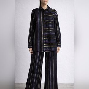 FARM Rio Metallic Stripe Cotton Lurex Shirt & Pants Outfit Set NWT Size L